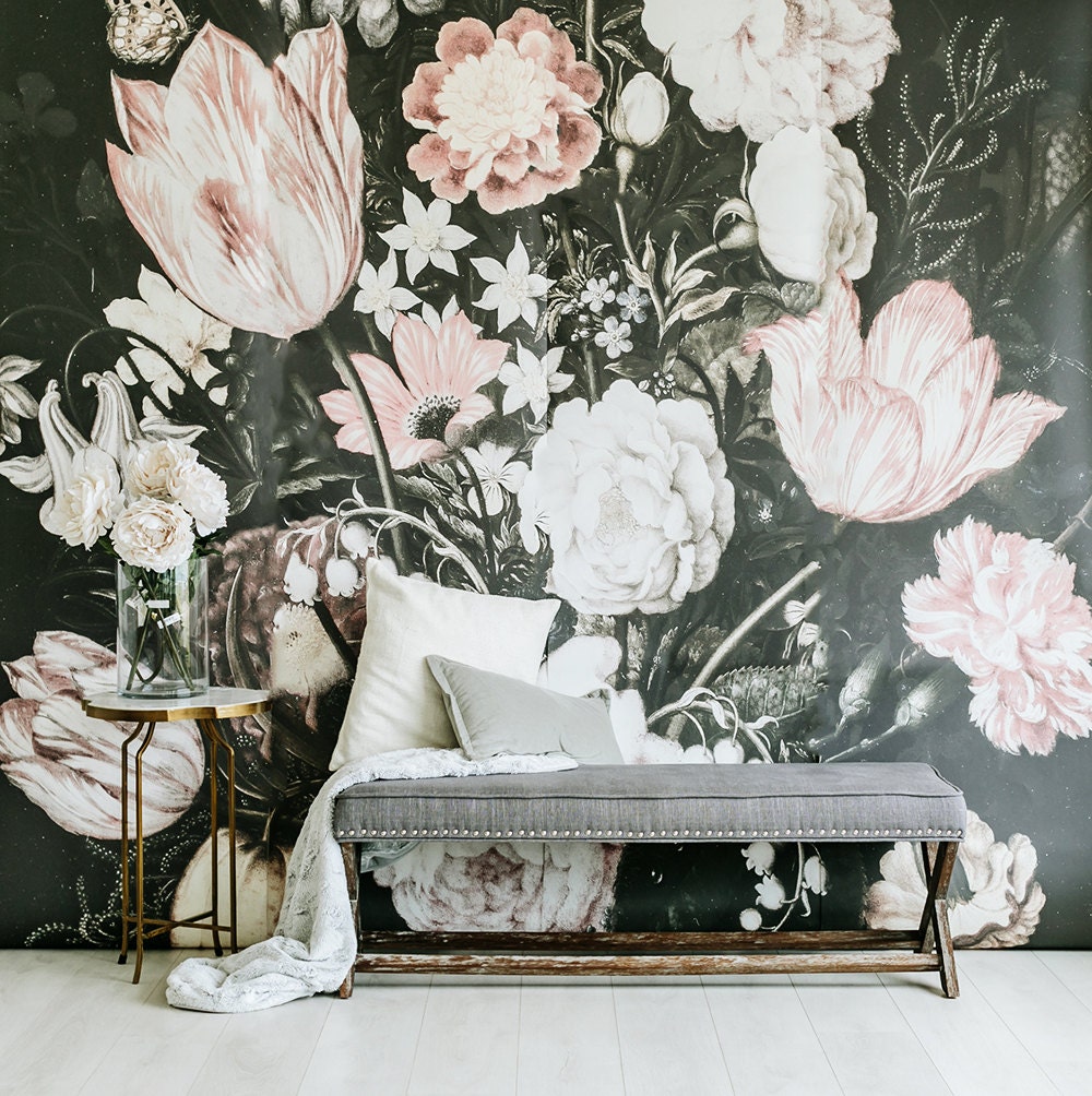 Blossoms Large Wall Mural Large Flowers Mural Dark