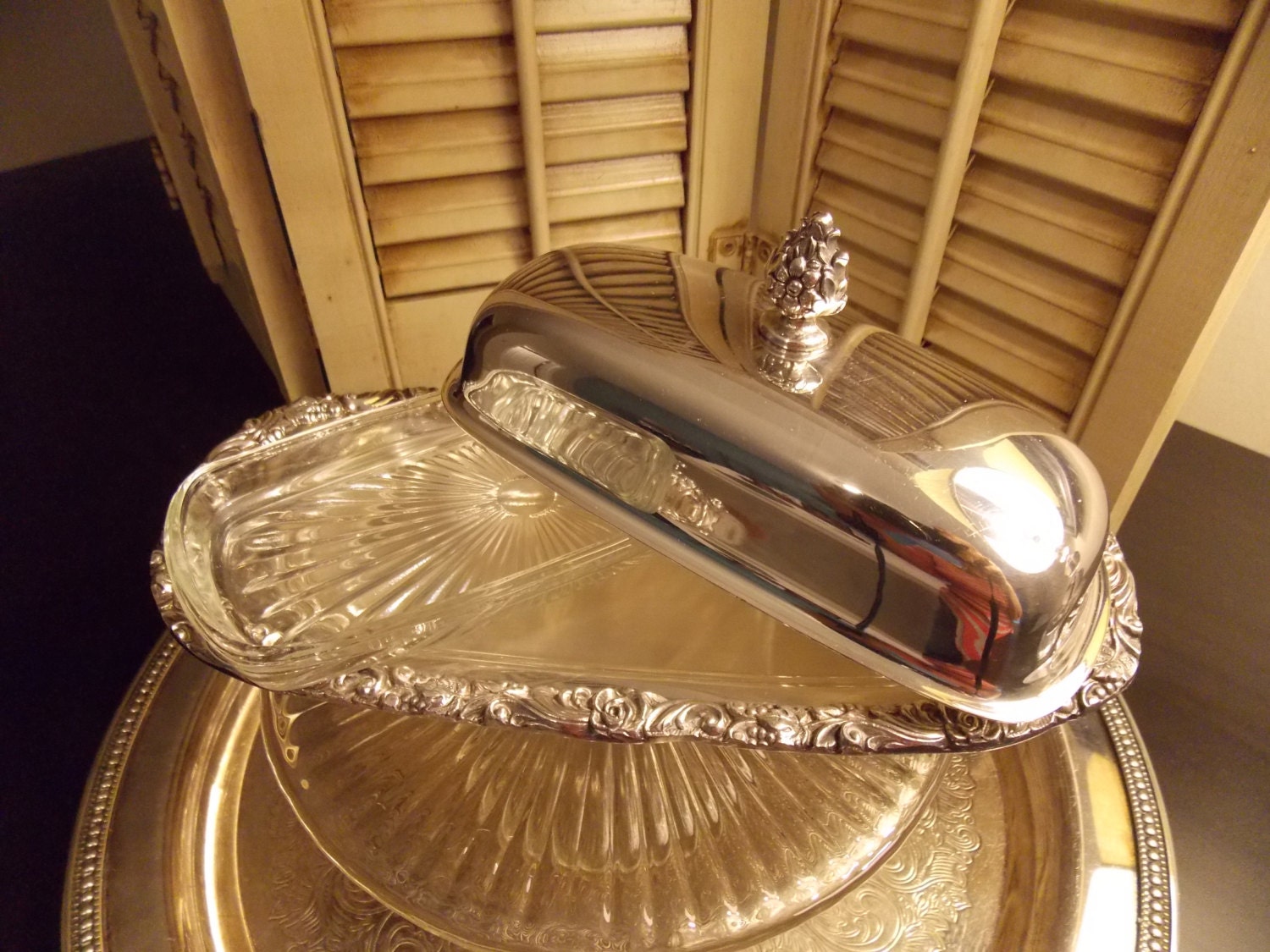 Vintage SILVERPLATE BUTTER DISH with Glass Insert Mid Century “ster Wilcox” 3Piece Serving