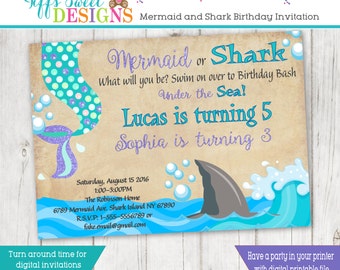 Mermaid And Shark Birthday Brother and Sister Birthday Party - Sibling Invitation - Mermaid and Shark Twins -