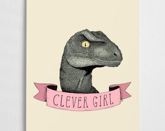 SALE! Jurassic Park art print, dinosaur illustration, raptor poster // Clever girl