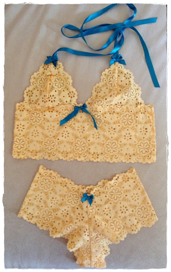 lace cheeky boyshorts and soft bralette set with satin halter