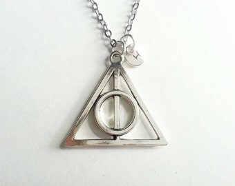 Personalized Silver Deathly Hallows Necklace, Potter fan. Hand stamped initial, choice of length, no initial option also available