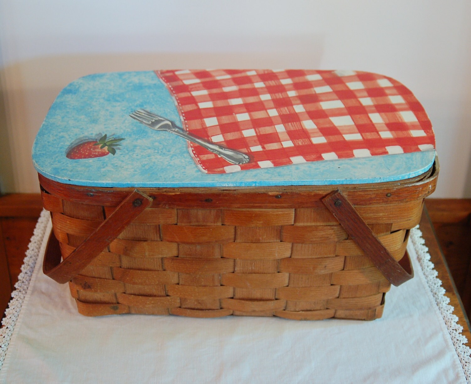 Wood Picnic Basket with Painted Lid Trompe D'Oeil