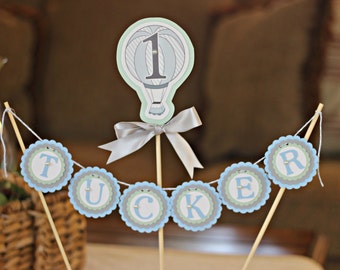 Boy / Hot Air Balloon Cake Topper. 1st Birthday / First Birthday party decor. Blue/ Mint / Grey. Fully assembled and customizable.