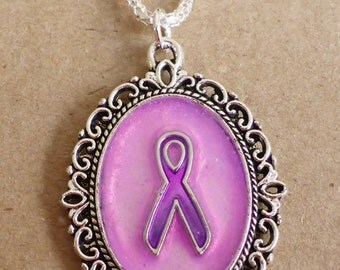 Fibromyalgia Oval Enameled Purple Awareness Ribbon Pendant With 16" Sterling Silver Snake Necklace Hand Made In The U.S.A.