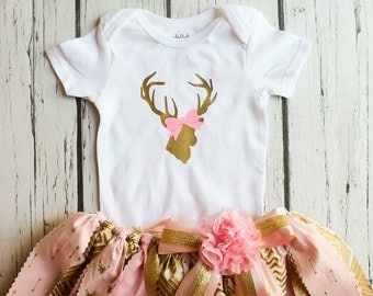 Pink and gold first birthday outfit girls photography prop, deer, arrow