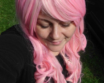 Pink and Blond Wig, lolita wig, Long curly wig, Cosplay, Long Curly Wig, blonde Mix , side swept bang, heat safe, pastel wig, multi color