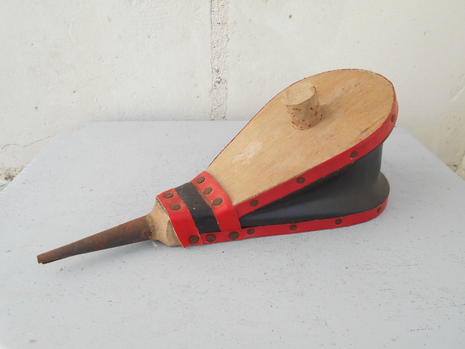 French vintage fireplace bellows, small wooden hand crafted chimney bellow. Rustic fireplace