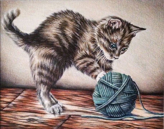 Cat Drawing cat wall decor Cat with ball of yarn pencil