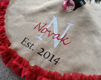 Christmas Tree Skirt -Burlap Christmas tree skirt Red Est. date Wedding gift tree skirt Monogrammed Christmas tree skirt Double ruffle
