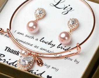 Pearl Crystal Bridal Earrings Wedding earrings rose gold Soft Pink Blush Pearl Earrings Wedding Bridesmaids Crystal Pearl Drop Earrings