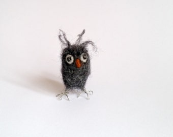 Ginter the grumpy needle felted owl, miniature quirky felt owl