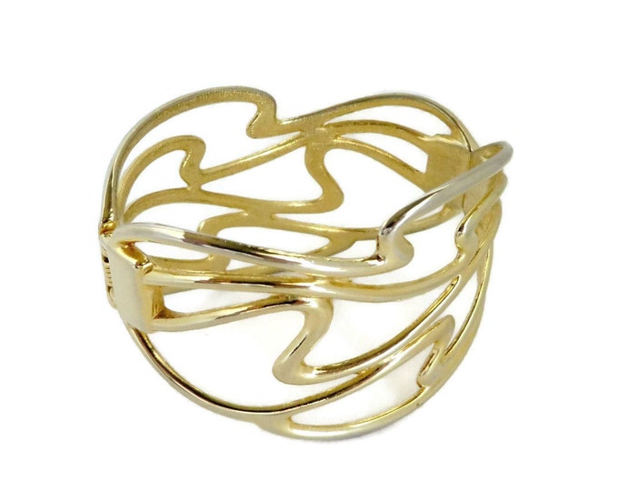 Vintage Gold Tone Abstract Shape Clamper Bracelet, Hinged Cuff