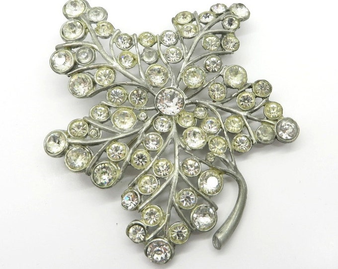 Rhinestone Large Leaf Brooch, Vintage Silver Tone Rhinestone Leaf Pin