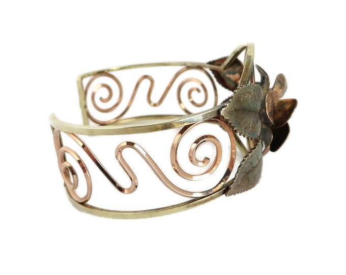 Copper Rose Cuff Bracelet, Vintage Two Tone Flower Bracelet