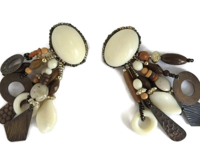 Boho Dangling Earrings, Vintage Cream and Brown Dangles, Beaded Clip-on Earrings, Hippie Clip ons