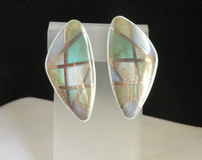 AVON Porcelain Mosaic Earrings, Vintage 1980s Geometric, Green Beige Lavender Clip-ons