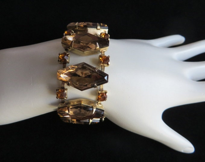 Vintage Cognac Brown Rhinestone Bracelet, Amber Rhinestone Gold Tone Link Bracelet, Bridal Jewelry