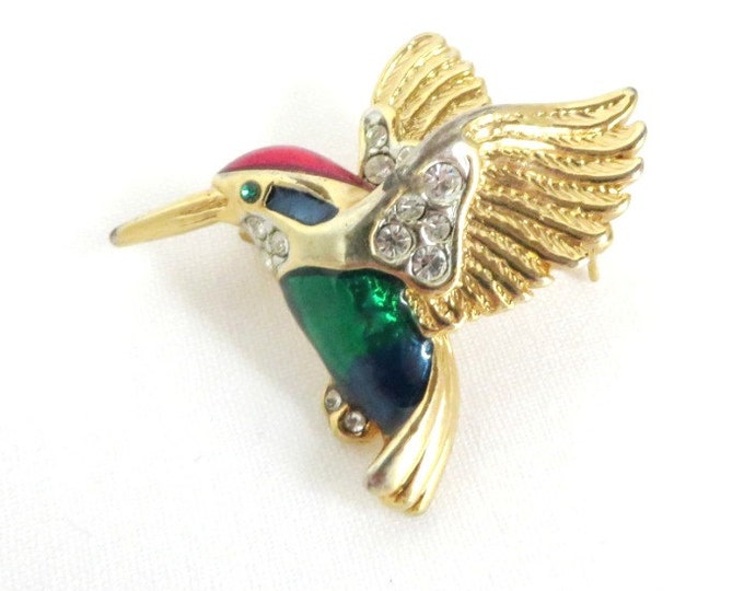 Rhinestone Hummingbird Brooch, Vintage Enameled Bird Pin, Gift for Her