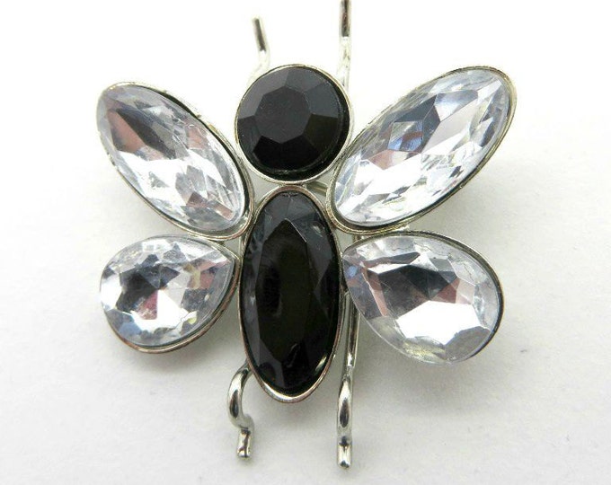 Rhinestone Butterfly Brooch, Vintage Black & White Butterfly, Silvertone Figural Pin