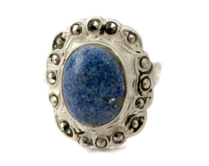 Sterling Silver Sodalite Ring, Vintage Denim Sodalite & Marcasite Ring, Size 4, Gift for Her