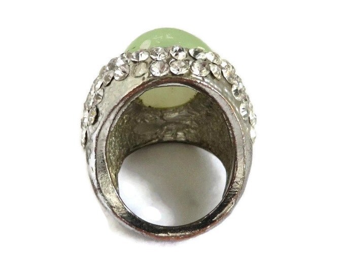 Vintage Green Cabochon Rhinestone Ring, Silver Tone Statement Ring, Size 7