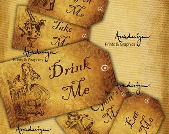 Alice in wonderland Tags, GOLDEN tags, Alice in Wonderland decoration, instant download, perfect for parties, presents and invitations.