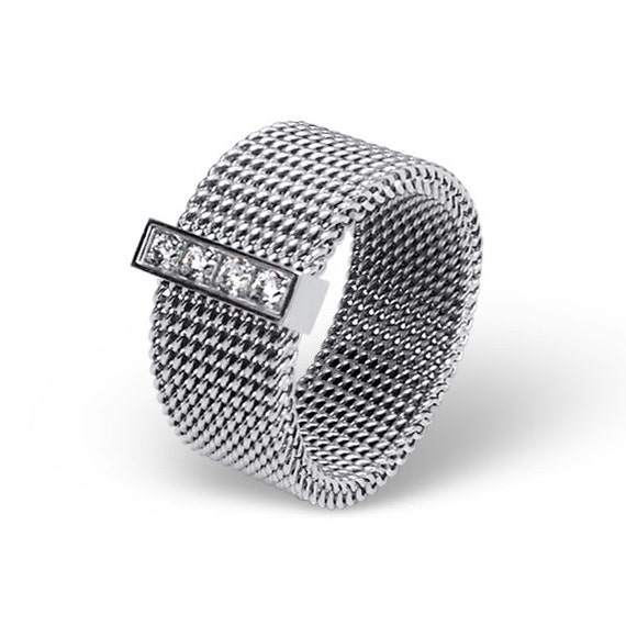 Woven Mesh Ring with Crystal Size 7 Stainless Steel