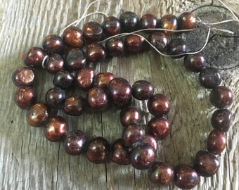 Cultured Organic Natural Mottled Copper Baroque Potato Shaped Freshwater Pearl Beads - Center Drilled - +/- 6mm - 12 Pearls