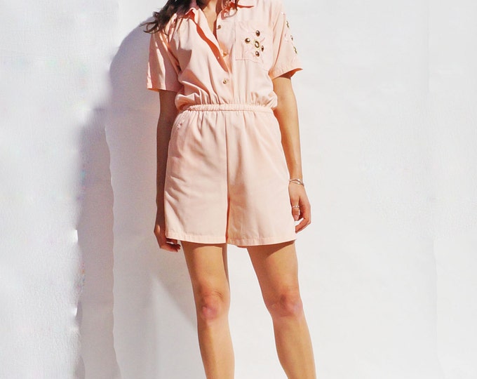 Women's Summer Playsuit, Vintage 80s Short Sleeved Peach Playsuit, Cut Out Playsuit, Womens Romper, Vintage Jumpsuit, 80s Summer All In One