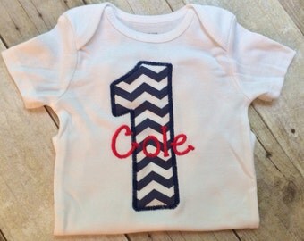 Baby boy first birthday outfit, Navy and White chevron / Red letters, Baby Boy personalized , 1st Birthday Boy