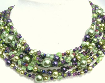 Green,purple Chunky, pearl statement necklace, crystal, beaded, multi strand,handmade, FREE matching earrings