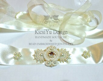 Ivory Soutache Bridal Gown Sash Crystal Rhinestone Belt Swarovski Satin Organza Wedding Gown Belt Ribbon Bow Off-white Gürtel Hochzeit Braut