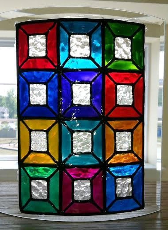 Faux Stained Glass Window Panel Hand Painted Colorful