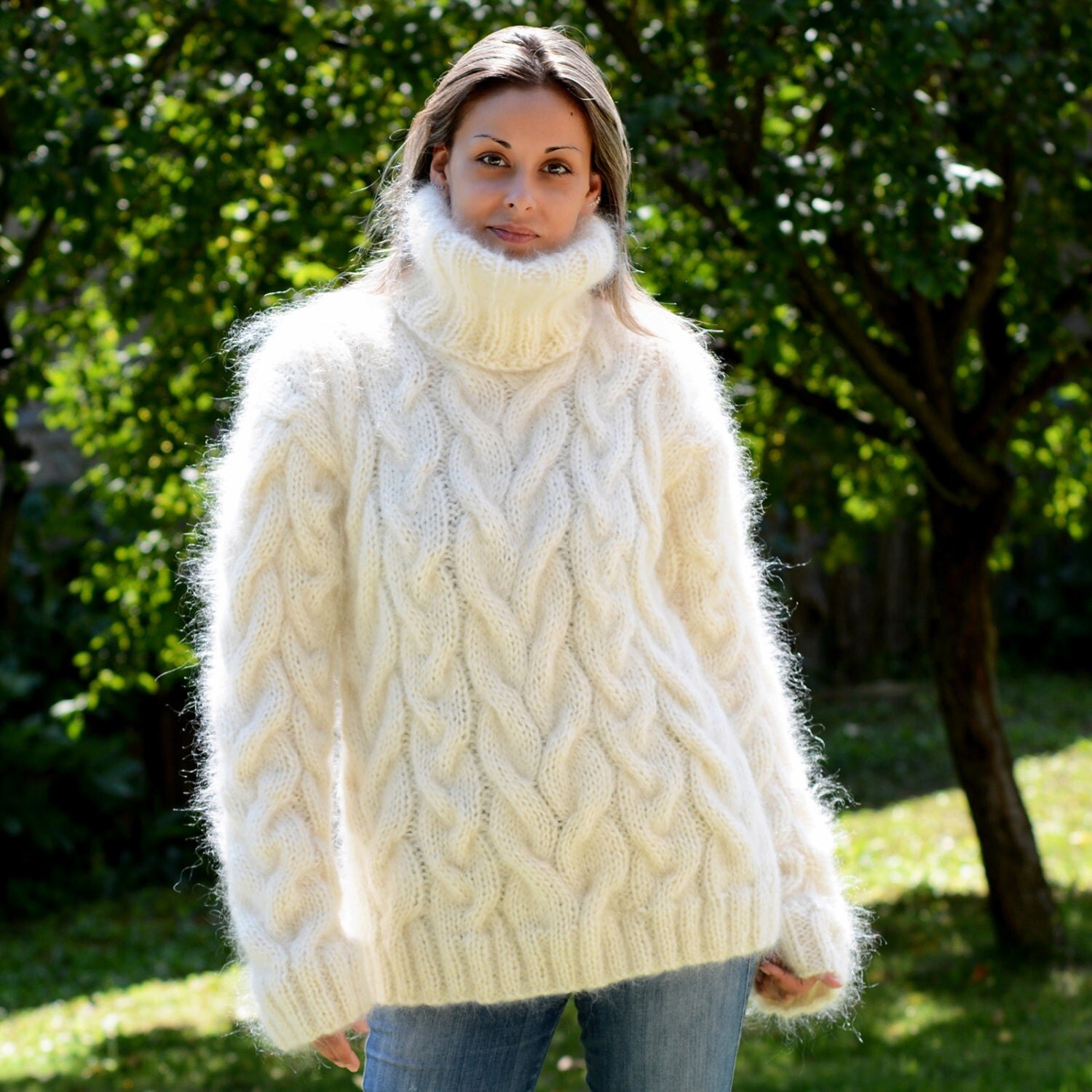 Hand Knit Mohair Sweater Cable White Fuzzy Turtleneck Jumper