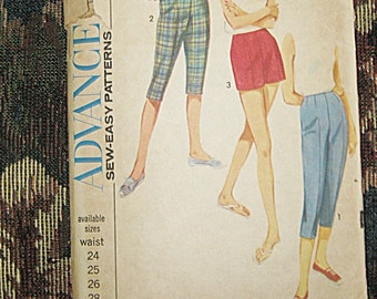 Vintage Capri Pattern By Advance, Sew-Easy Pattern #3469, 1960's Pedal Pusher And Shorts Pattern, 24 Inch Waist, Vintage Sewing Pattern