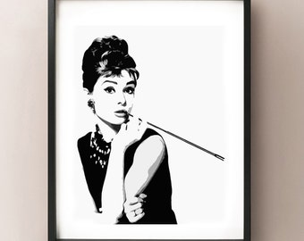 Audrey Hepburn Poster, Holly Golightly, Breakfast at Tiffany's, Wall Art, Celebrity Portrait - Black and White Art Print Instant Download