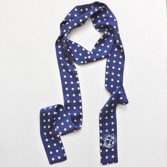 Navy blue polka dot silk skinny scarf