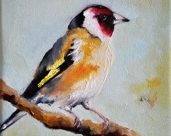 Original Bird Oil Painting, Colorful Impressionist European Goldfinch, Bird Art 6x6 Inch
