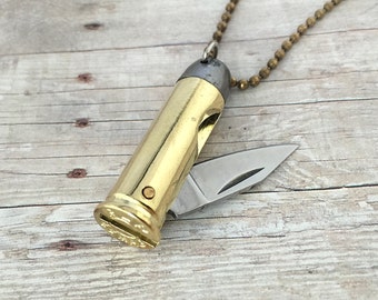 Bullet Knife Pendant Necklace Brass Bullet Casing Knife Necklace Bronze Bullet Charm Knife Necklace Bullet Jewelry Miniature Folding Knife