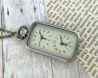 Double Face Pocket Watch Necklace Working Dual Timezone Antique Bronze Pocketwatch Necklace Timepiece Pendant