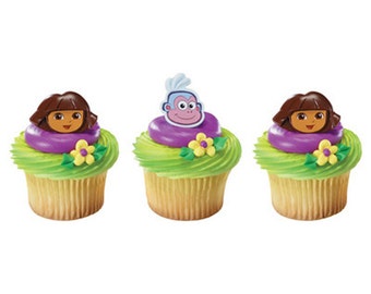 24 Dora & Boots Face Cupcake Rings Cake Decor Toppers Birthday Party Supplies