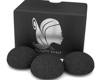 Konjac Sponge (3 Pack) Activated Bamboo Charcoal- Facial Cleansing & Exfoliating Beauty Sponges by The Beauty Shelf ™