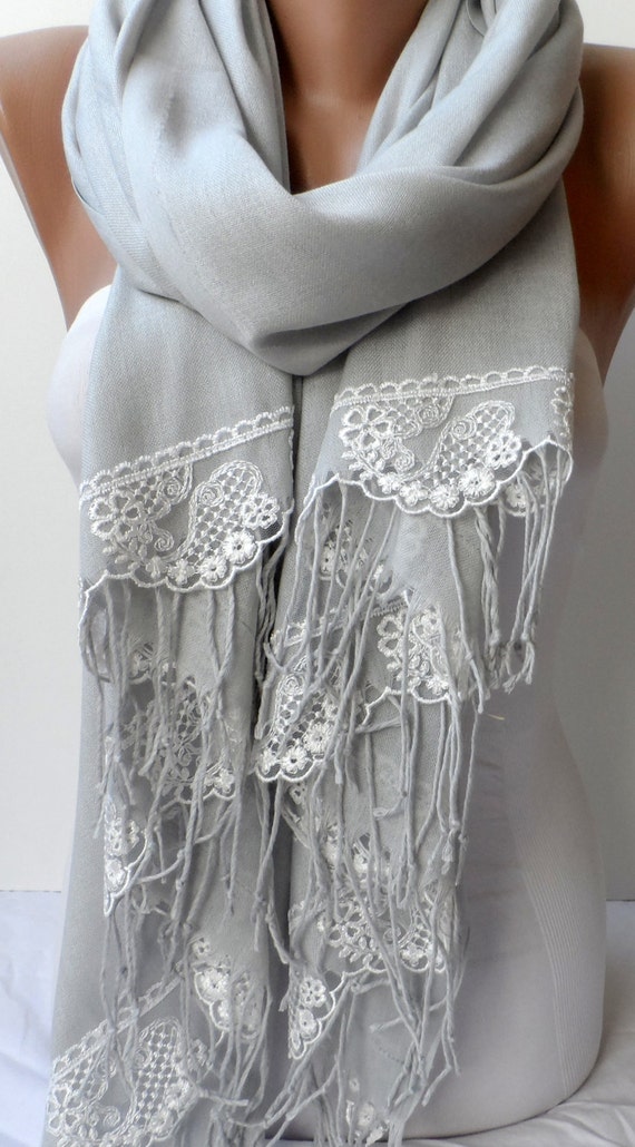 Gray Pashmina Shawls With French Lace Light Gray By Elegancescarf