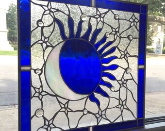 Sun, Moon, Stars Celestial Stained Glass Suncatcher Panel