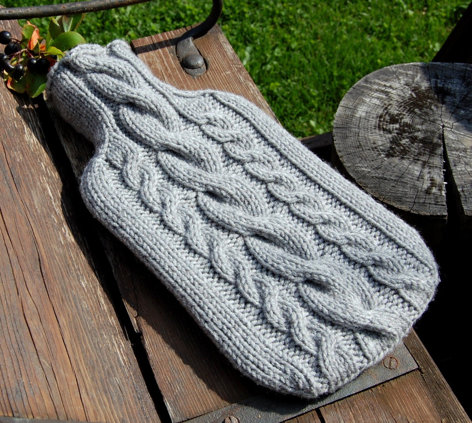 Hand knit hot water bottle cover cosy/ cozy Cable knit bottle