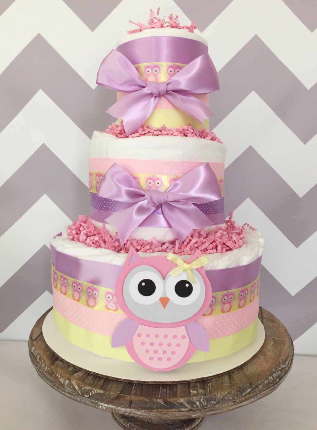Owl Baby Shower Diaper Cake in Lavender Pink and Yellow Owl