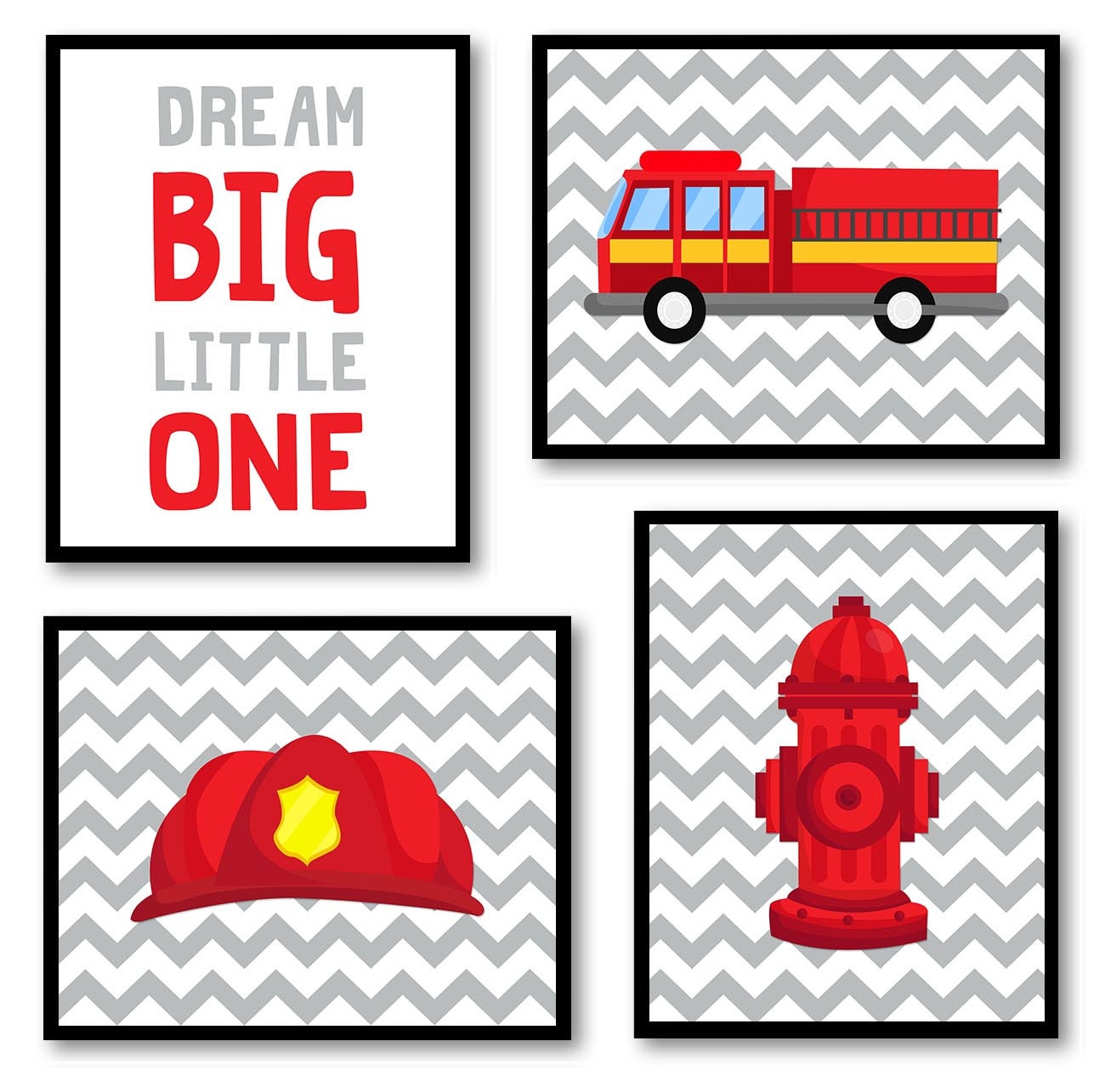 Fireman Nursery Art Set of 4 Prints Red Black Yellow Grey Dream Big Little One Child Kid Boy Room Wa