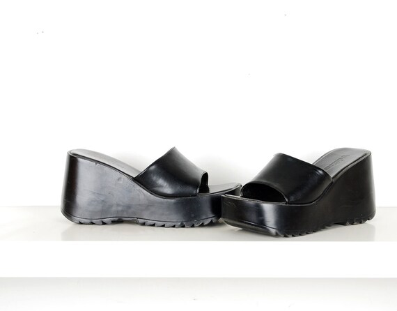 black leather platform slides