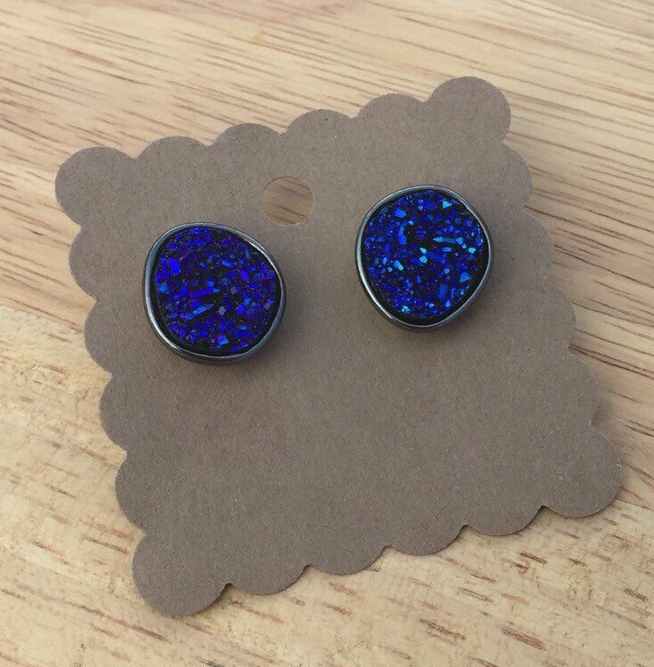 Dark Blue Stud Earrings Druzy Blue Earrings Stud Earrings